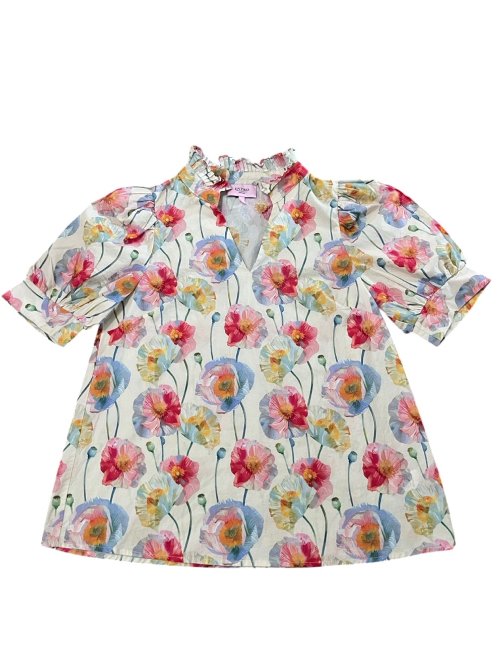 Entro Floral Poppy Ruffle Neck Puff Sleeve Blouse Size Small - Picture 4 of 13